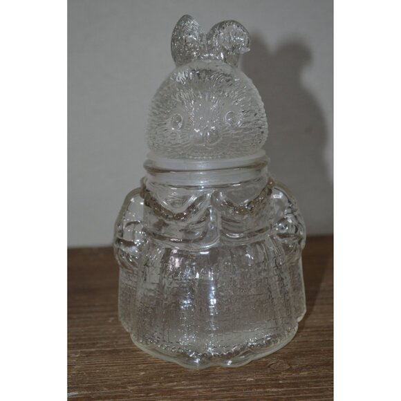 Vintage Textured Glass Clear Mom Bunny Rabbit Shaped Candy Lidded Jar Canister - Picture 1 of 11